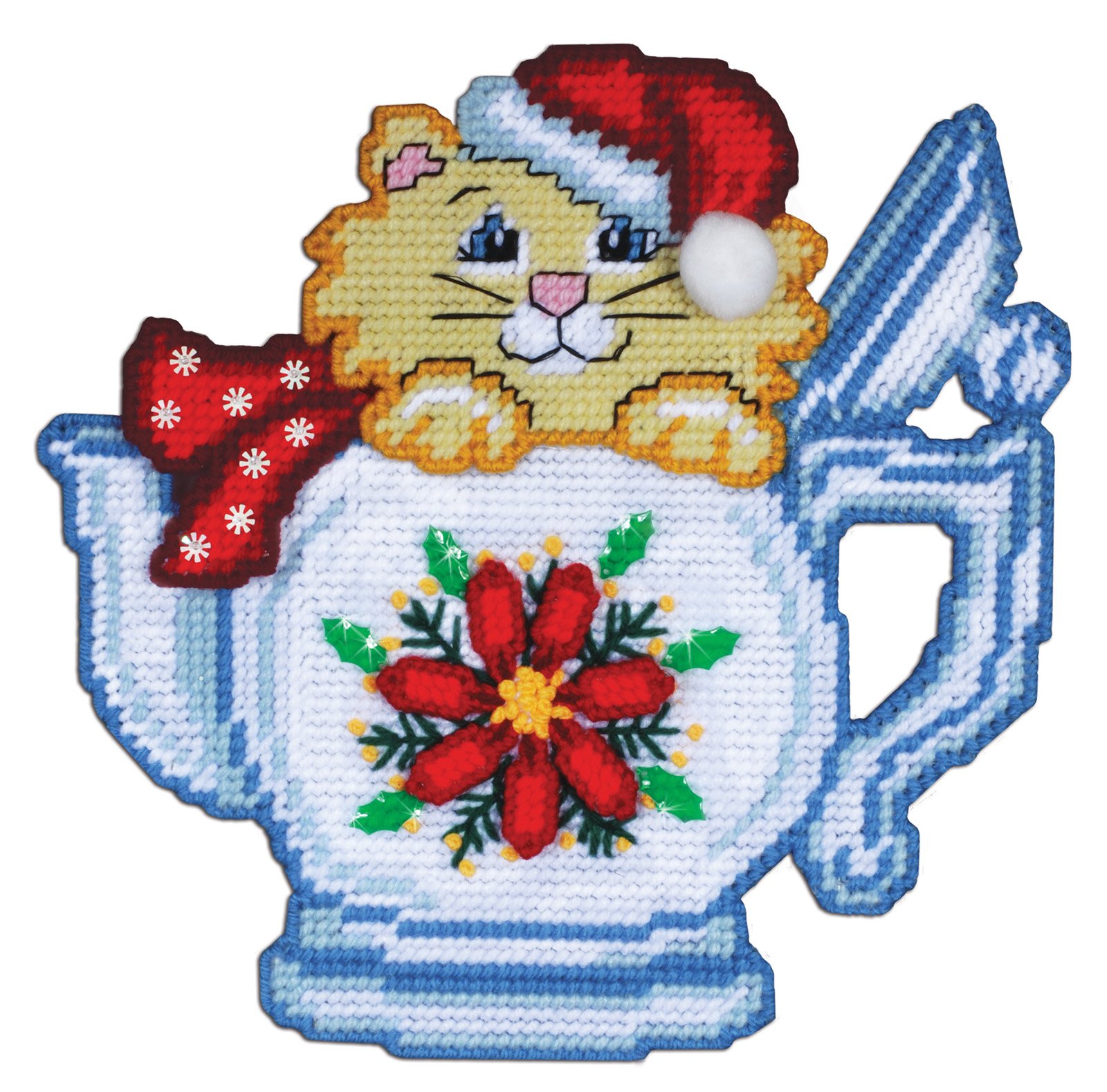 Poinsettia Teapot Cat - Christmas Plastic Canvas Kit