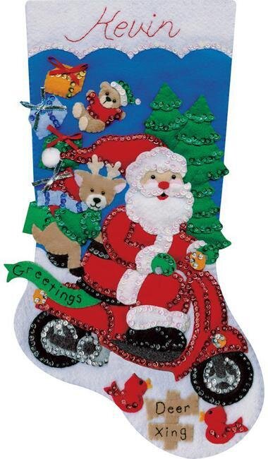 Scooter Santa Christmas Stocking Felt Applique Kit