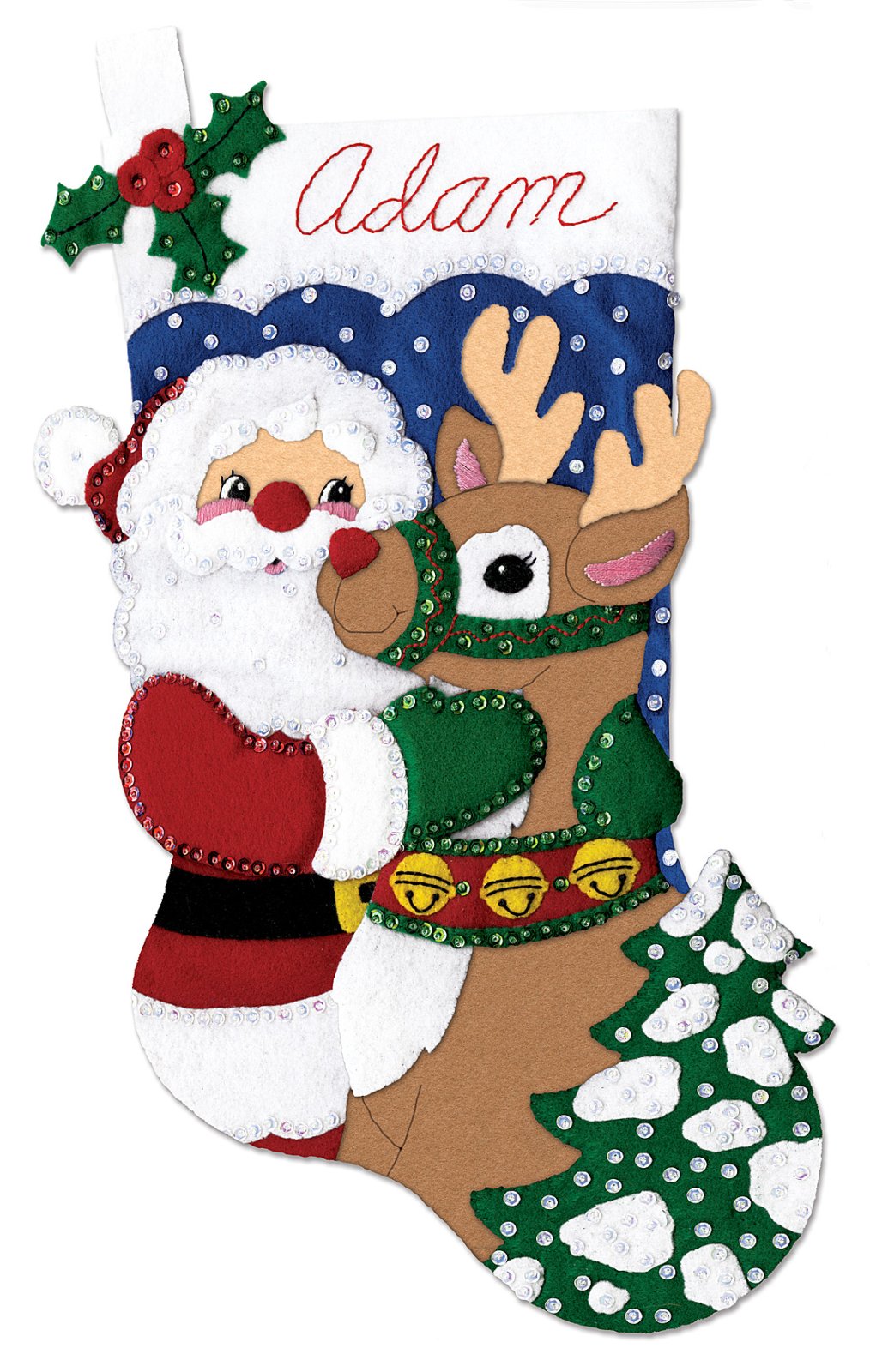 Santa And Deer - Christmas Stocking Felt Applique Kit, zoomed in. Select this picture to zoom back out.