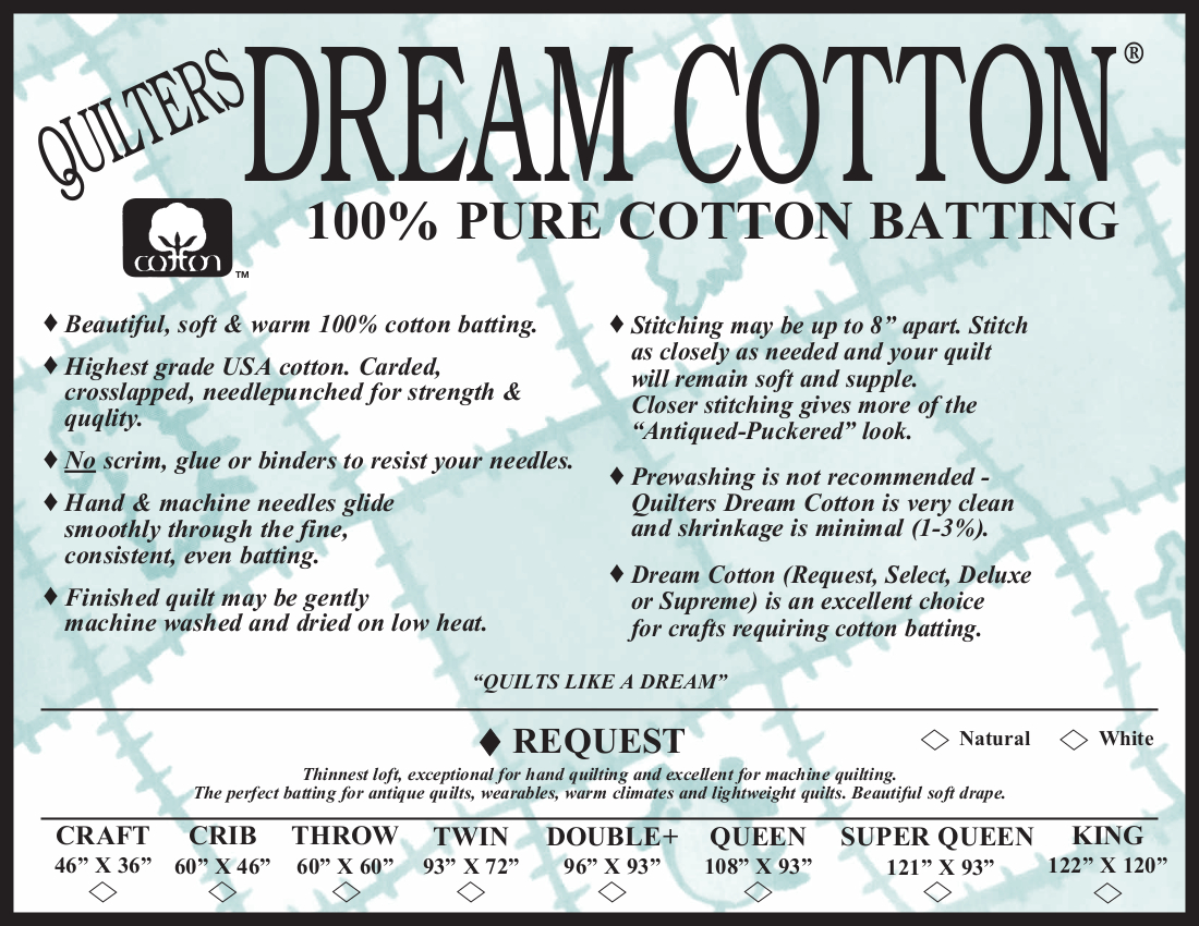 White Cotton Request - Low Loft Crib - Quilt Batting