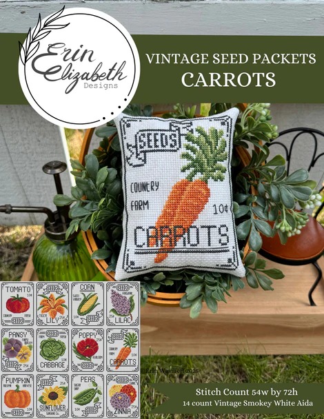 Vintage Seed Packets: Carrots - Cross Stitch Pattern, zoomed in. Select this picture to zoom back out.