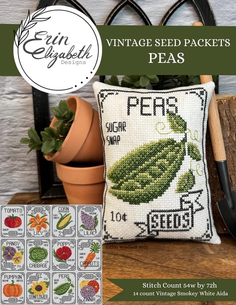 Vintage Seed Packets: Peas - Cross Stitch Pattern, zoomed in. Select this picture to zoom back out.