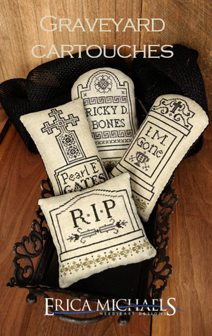 Graveyard Cartouches - Halloween Cross Stitch Pattern, zoomed in. Select this picture to zoom back out.