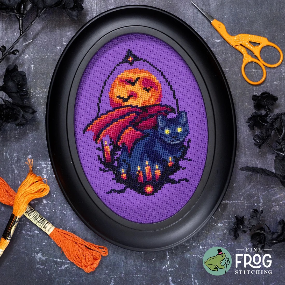 Black Cat Ritual - Halloween Cross Stitch Pattern, zoomed in. Select this picture to zoom back out.