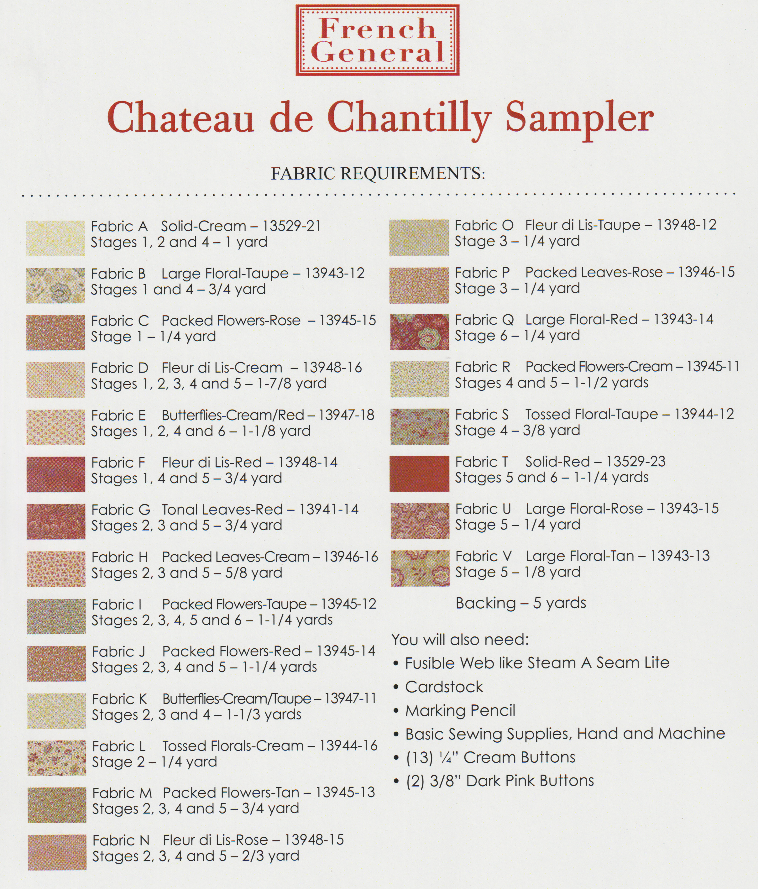 Chateau De Chantilly Sampler - Quilt Pattern