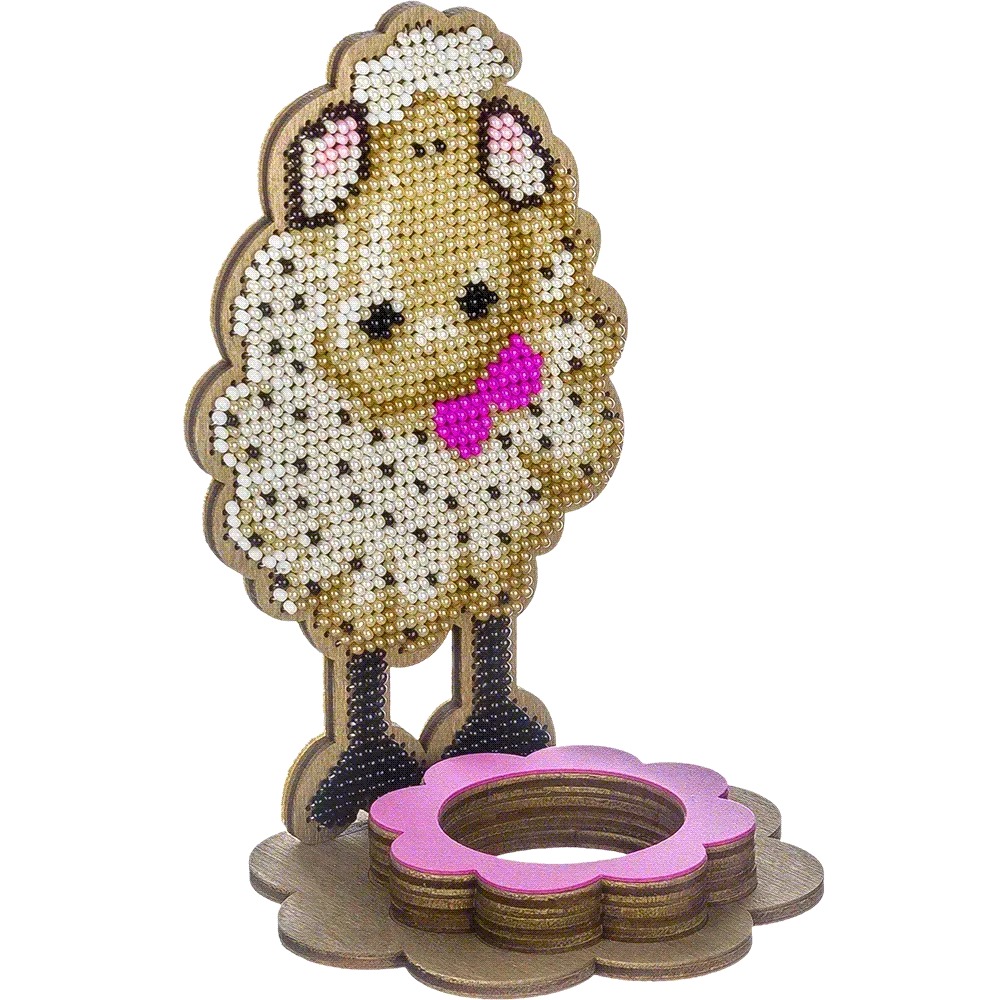 Lamb with Bow - Easter Egg Stand Ornament Wooden Bead Kit, different perspective #1, zoomed in. Select this picture to zoom back out.