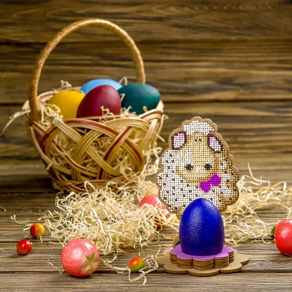 Lamb with Bow - Easter Egg Stand Ornament Wooden Bead Kit, zoomed in. Select this picture to zoom back out.