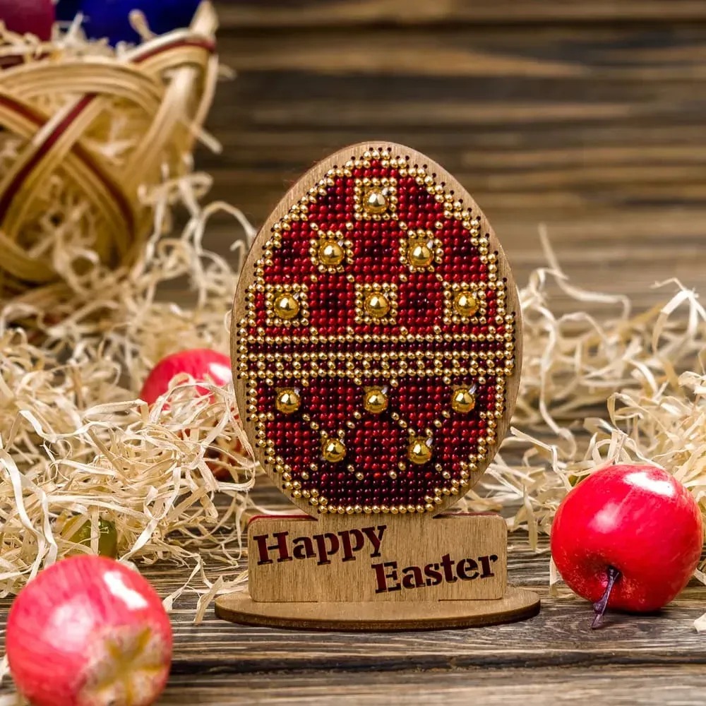 Easter Egg - Happy Easter Red - Ornament Wooden Bead Kit, zoomed in. Select this picture to zoom back out.