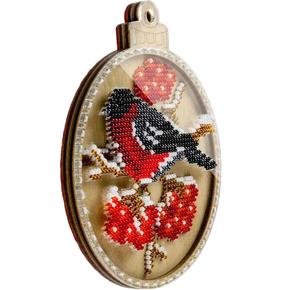 Bullfinch on Viburnum - Christmas Ornament Wooden Bead Kit, different perspective #1, zoomed in. Select this picture to zoom back out.