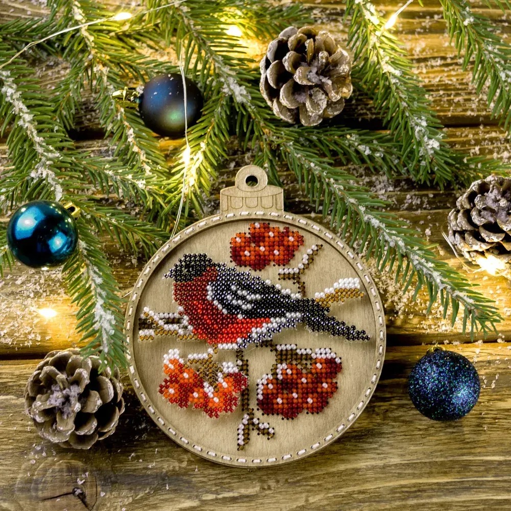 Bullfinch on Viburnum - Christmas Ornament Wooden Bead Kit, zoomed in. Select this picture to zoom back out.
