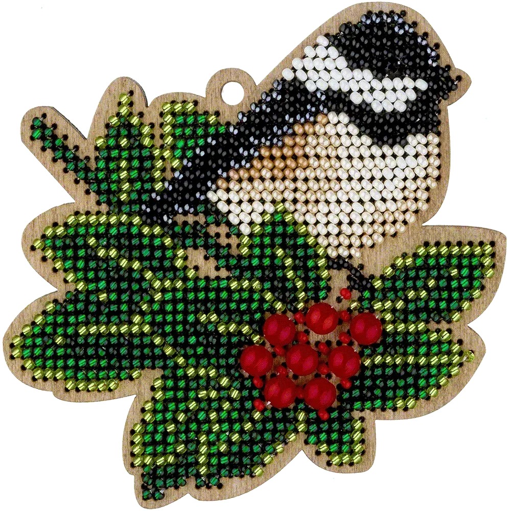 Titmouse On Holly - Christmas Ornament Wooden Bead Kit, different perspective #1, zoomed in. Select this picture to zoom back out.