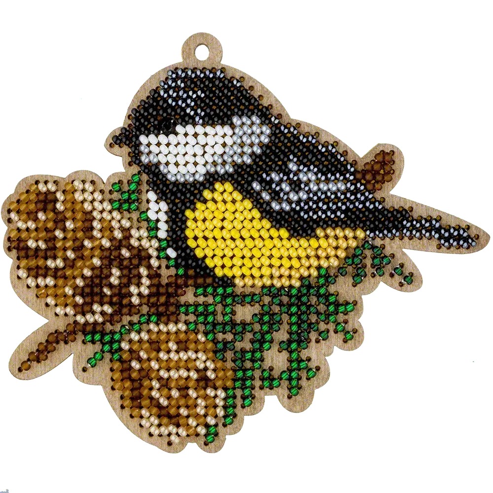 Titmouse On Pinecones - Christmas Ornament Wooden Bead Kit, different perspective #1, zoomed in. Select this picture to zoom back out.