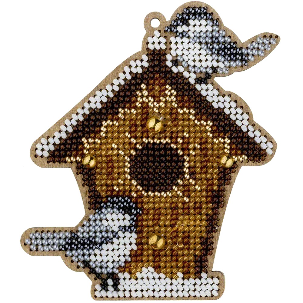 Birdhouse with Birds - Christmas Ornament Wooden Bead Kit, different perspective #1, zoomed in. Select this picture to zoom back out.
