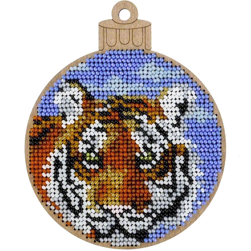 Sunset Tiger - Christmas Ornament Wooden Bead Kit, different perspective #1, zoomed in. Select this picture to zoom back out.