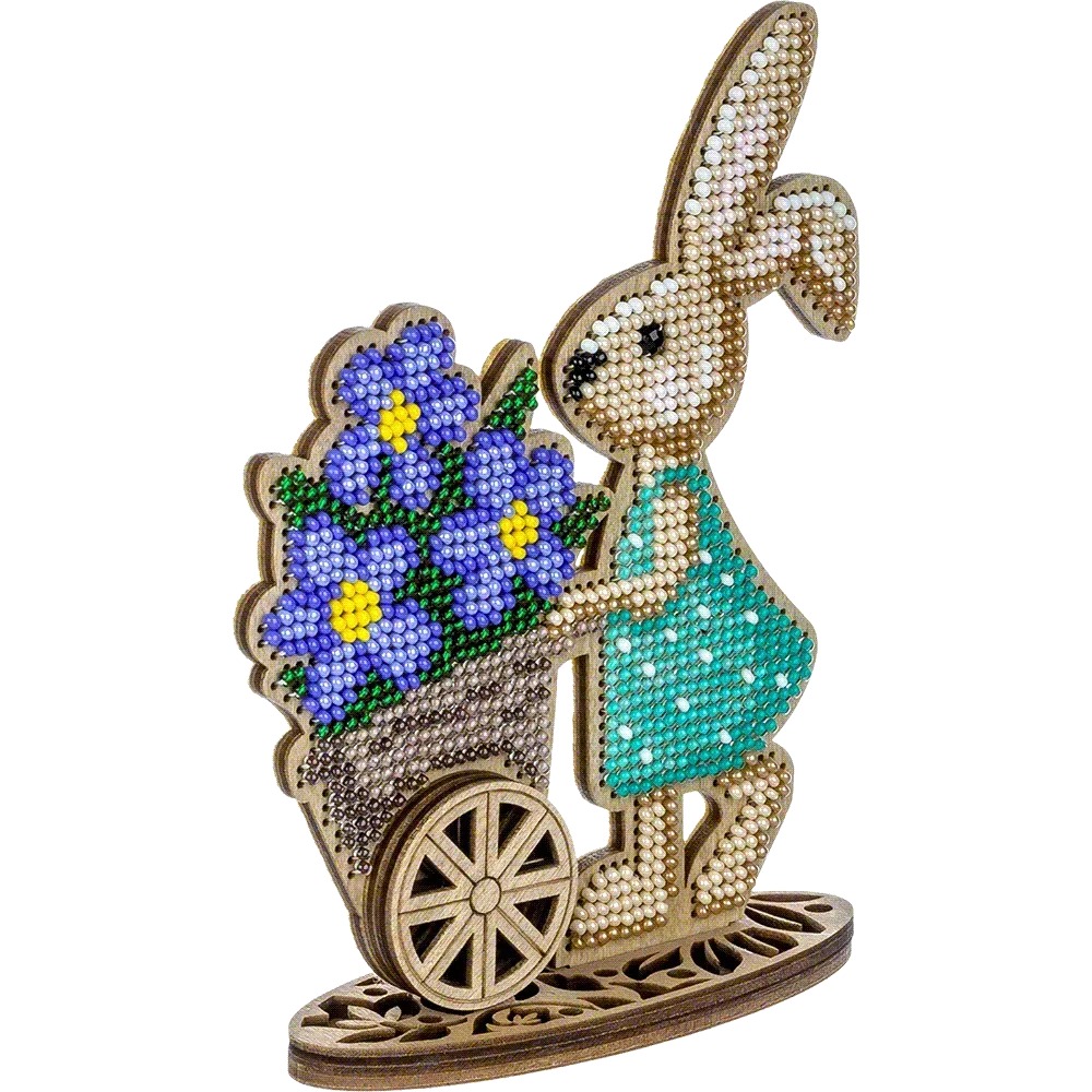 Bunny With Cart - Ornament Wooden Bead Kit, different perspective #1, zoomed in. Select this picture to zoom back out.