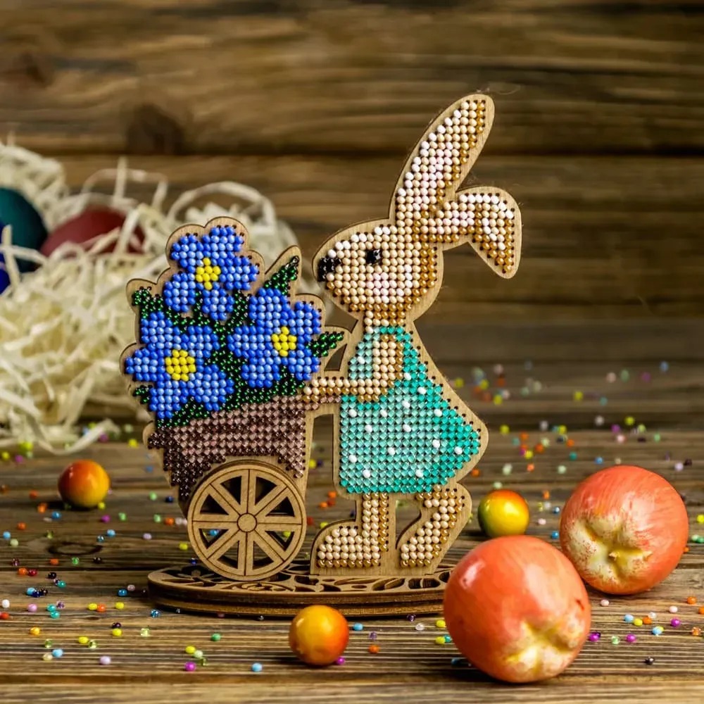 Bunny With Cart - Ornament Wooden Bead Kit, zoomed in. Select this picture to zoom back out.