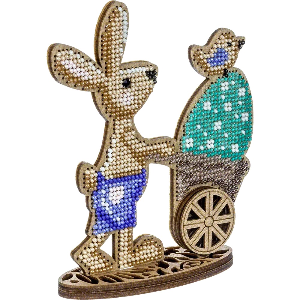 Bunny With Trolley - Ornament Wooden Bead Kit, different perspective #1, zoomed in. Select this picture to zoom back out.
