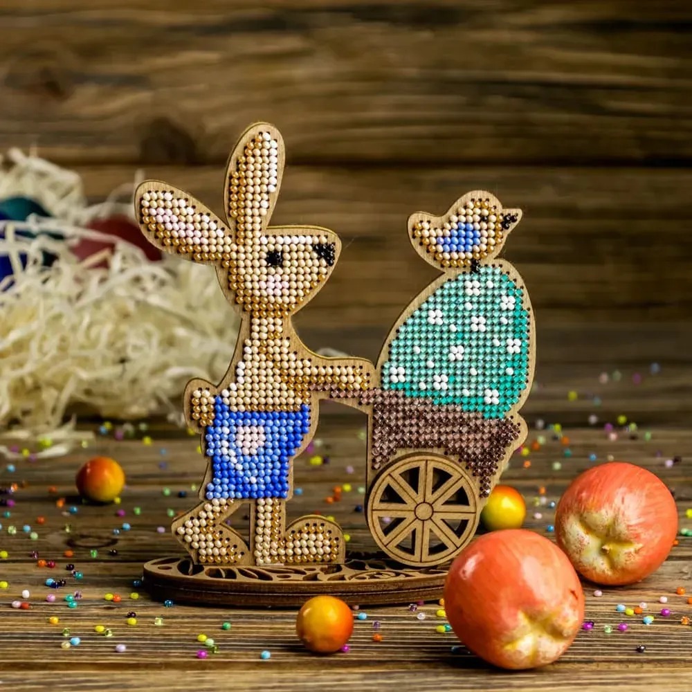 Bunny With Trolley - Ornament Wooden Bead Kit, zoomed in. Select this picture to zoom back out.