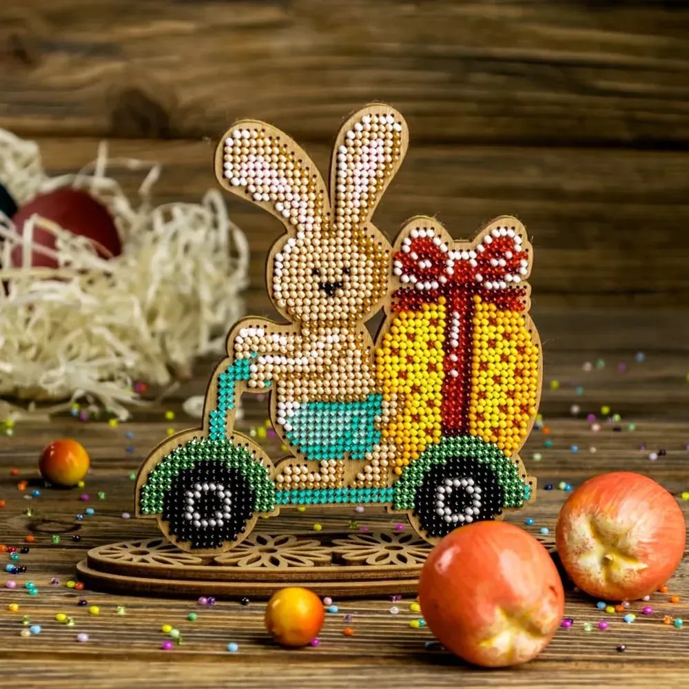Bunny On Scooter - Ornament Wooden Bead Kit, zoomed in. Select this picture to zoom back out.