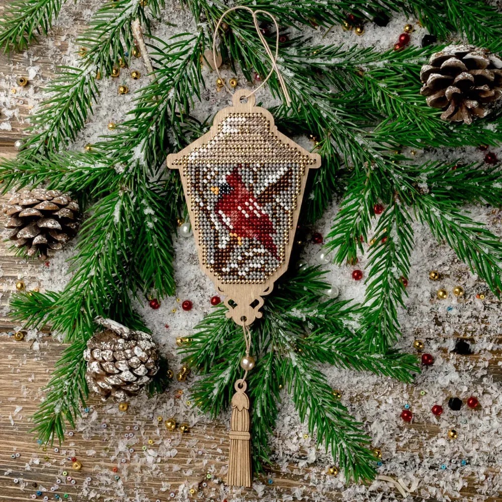 Lantern With Bird - Christmas Ornament Wooden Bead Kit, zoomed in. Select this picture to zoom back out.