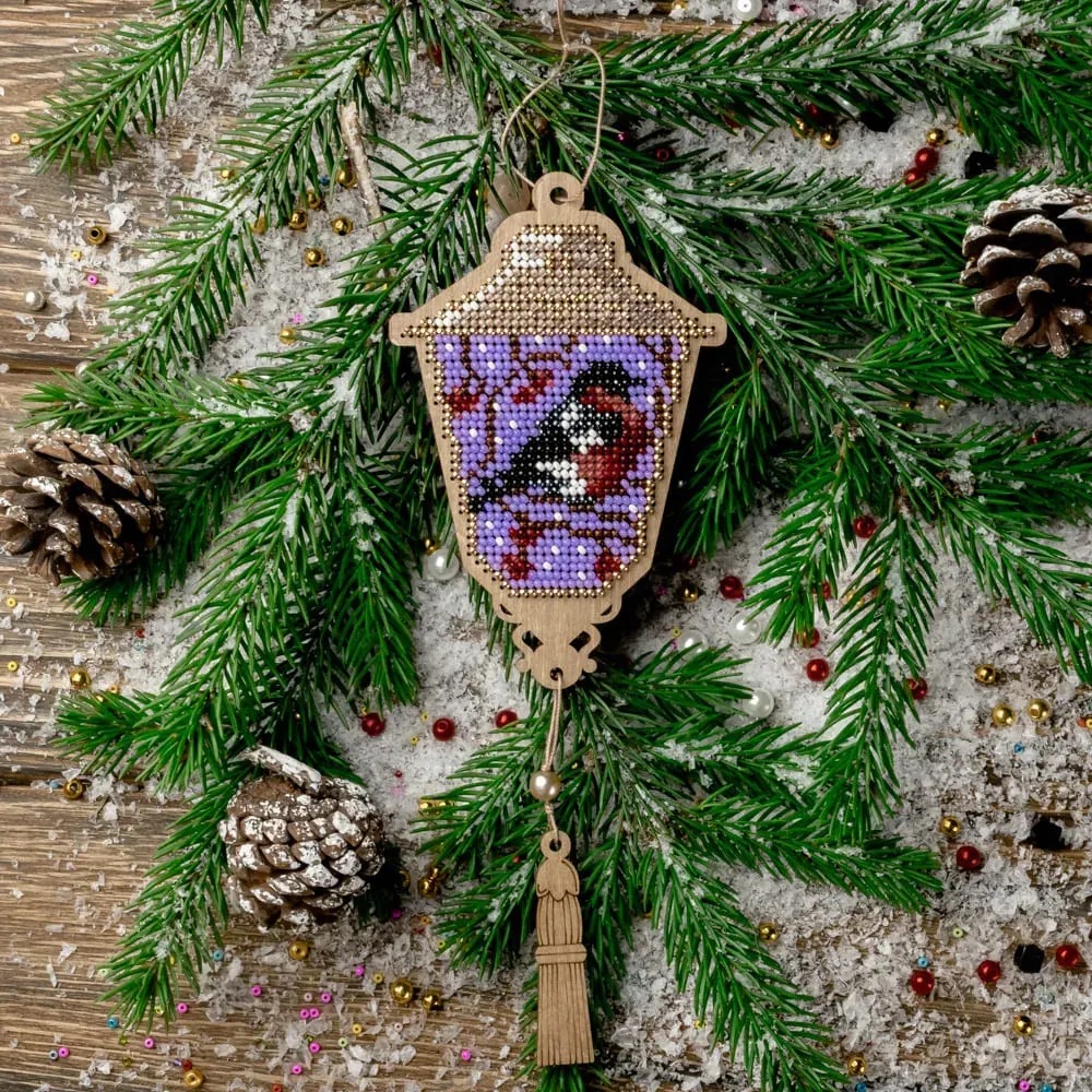 Lantern With Bullfinch - Christmas Ornament Wooden Bead Kit, zoomed in. Select this picture to zoom back out.