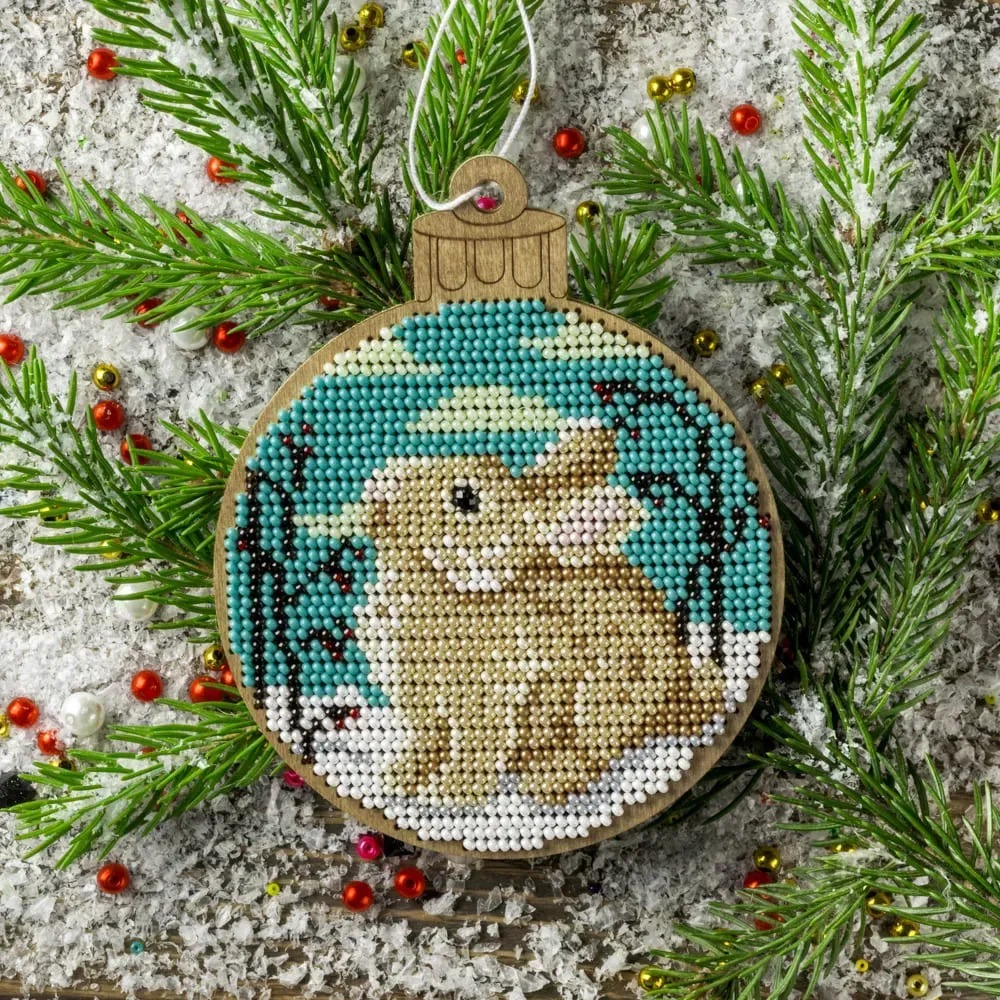 Forest Bunny - Christmas Ornament Wooden Bead Kit, zoomed in. Select this picture to zoom back out.
