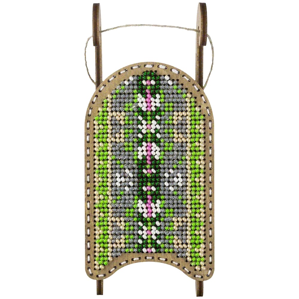 Pink and Green Sled - Christmas Ornament Wooden Bead Kit, different perspective #1, zoomed in. Select this picture to zoom back out.