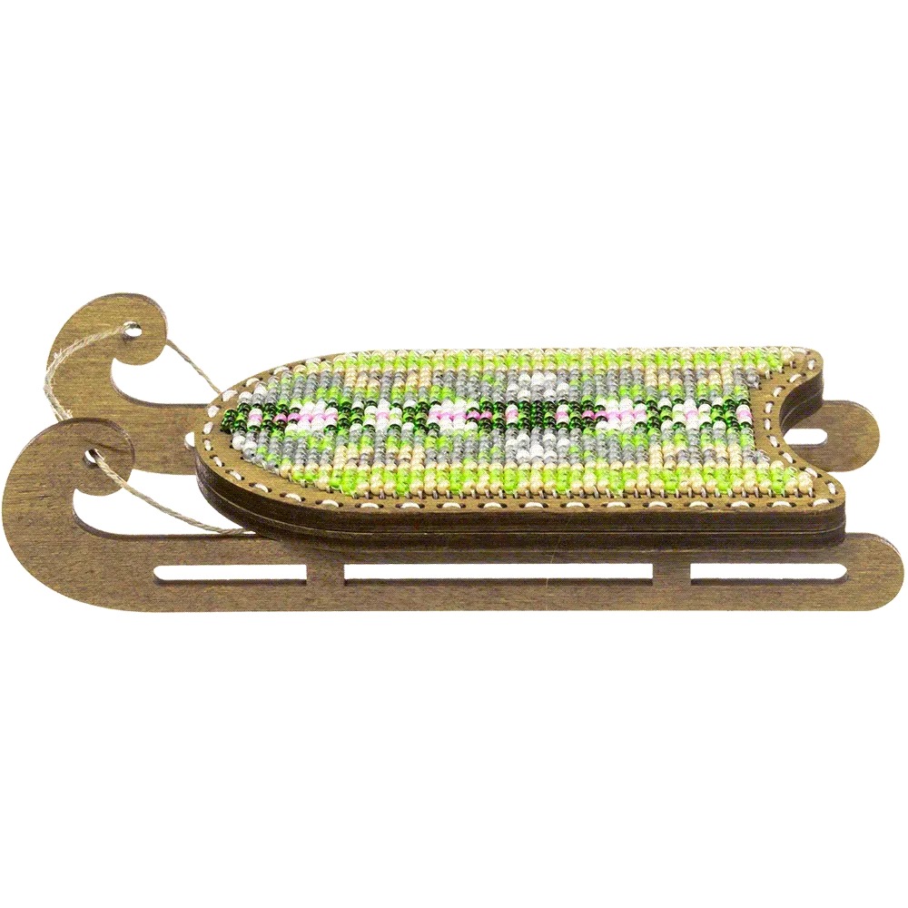 Pink and Green Sled - Christmas Ornament Wooden Bead Kit, different perspective #2, zoomed in. Select this picture to zoom back out.