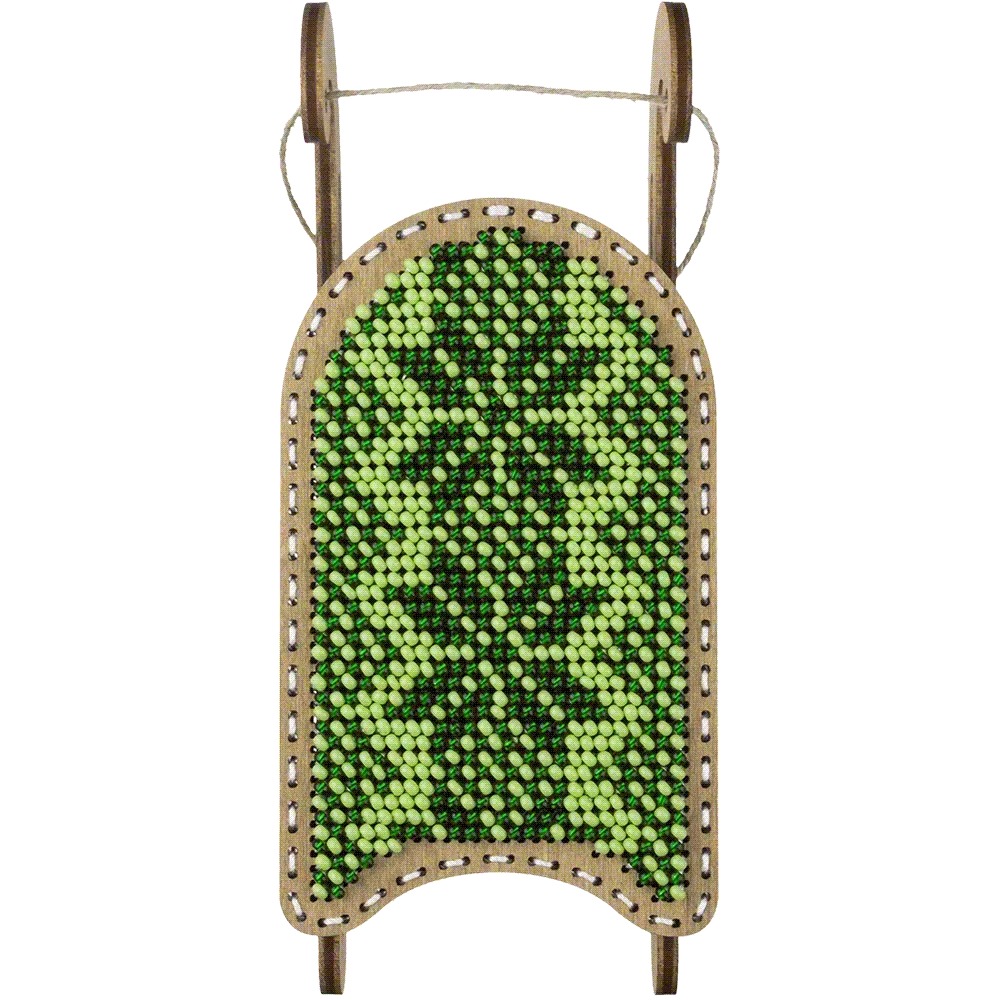 Bright Green Sled - Christmas Ornament Wooden Bead Kit, different perspective #1, zoomed in. Select this picture to zoom back out.