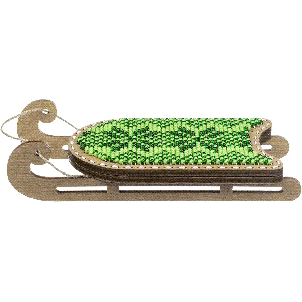 Bright Green Sled - Christmas Ornament Wooden Bead Kit, different perspective #2, zoomed in. Select this picture to zoom back out.