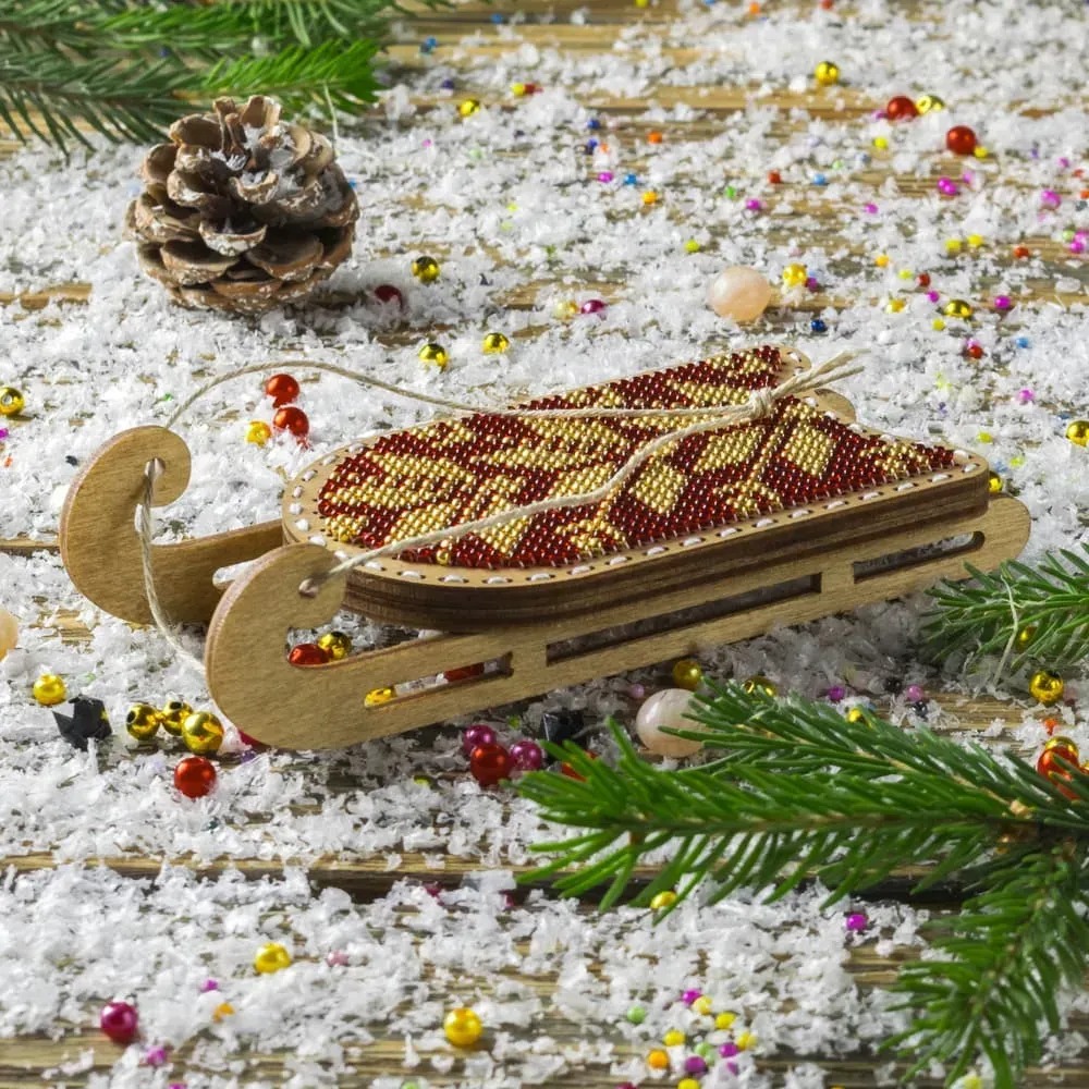 Golden Red Sled - Christmas Ornament Wooden Bead Kit, zoomed in. Select this picture to zoom back out.