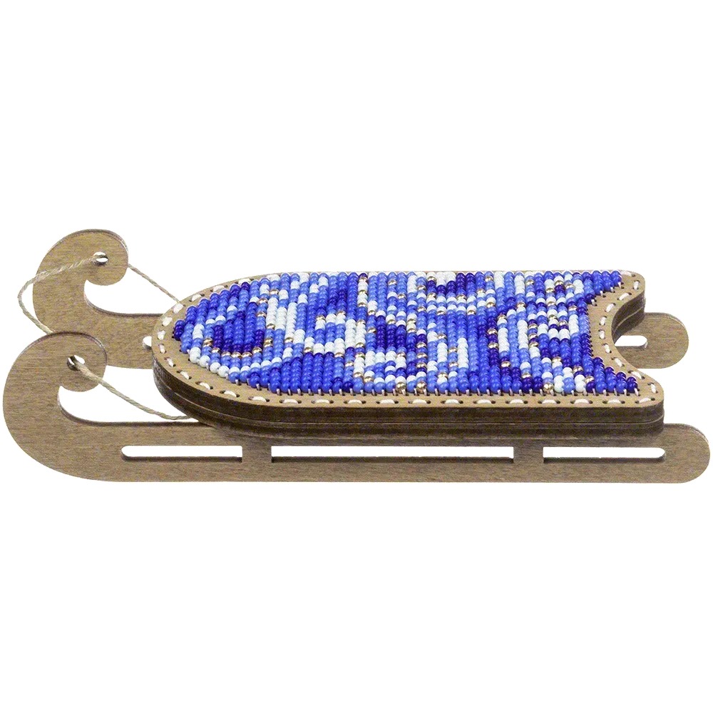 Blue and White Sled - Christmas Ornament Wooden Bead Kit, different perspective #2, zoomed in. Select this picture to zoom back out.