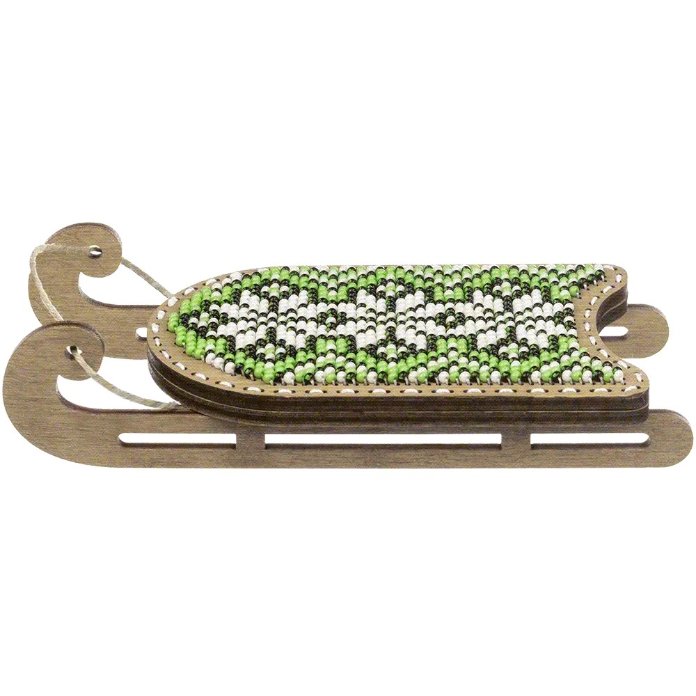 White & Green Sled - Christmas Ornament Wooden Bead Kit, different perspective #2, zoomed in. Select this picture to zoom back out.