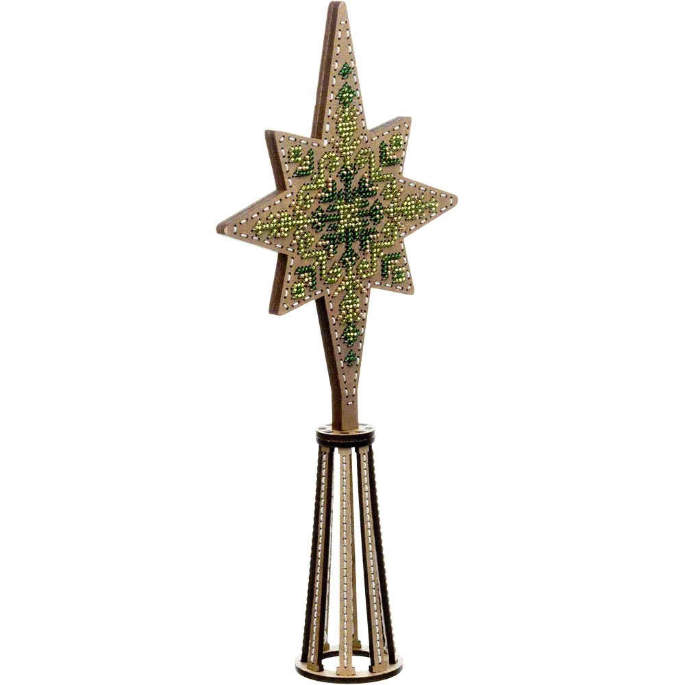 Green Tree Topper - Christmas Ornament Wooden Bead Kit, different perspective #1, zoomed in. Select this picture to zoom back out.