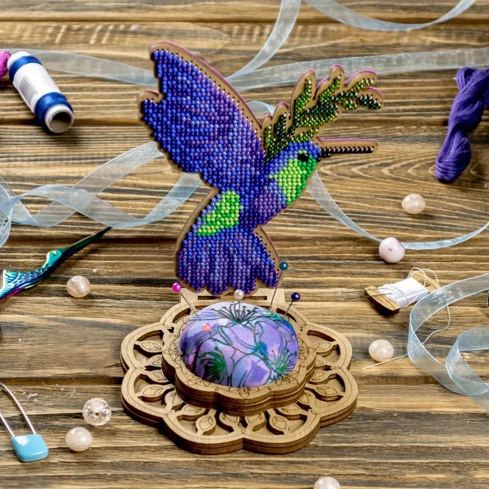 Hummingbird Needle Case - Ornament Wooden Bead Kit, zoomed in. Select this picture to zoom back out.