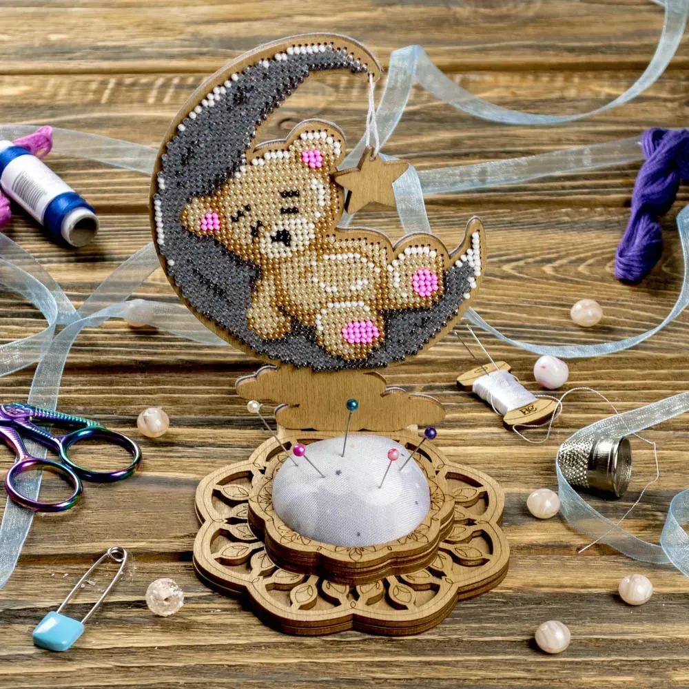 Bear on the Moon Needle Case - Ornament Wooden Bead Kit, zoomed in. Select this picture to zoom back out.