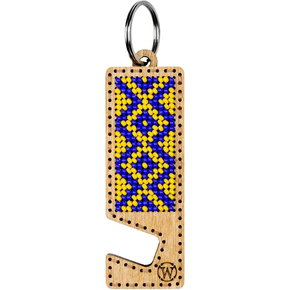 Yellow and Blue Phone Stand - Ornament Wooden Bead Kit, different perspective #1, zoomed in. Select this picture to zoom back out.