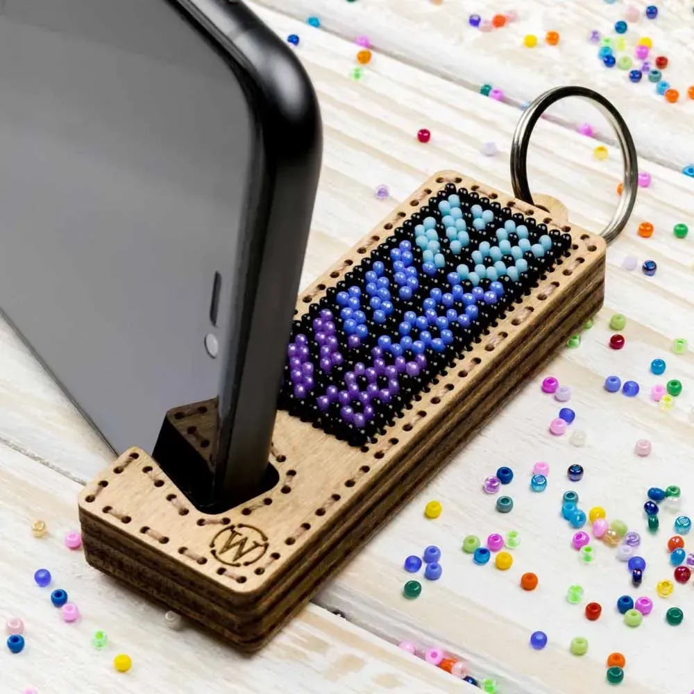 Lilac and Light Blue Phone Stand - Ornament Wooden Bead Kit, zoomed in. Select this picture to zoom back out.