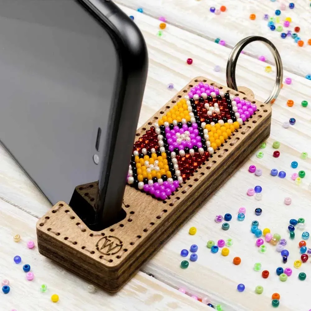 Pink and Yellow Phone Stand - Ornament Wooden Bead Kit, zoomed in. Select this picture to zoom back out.