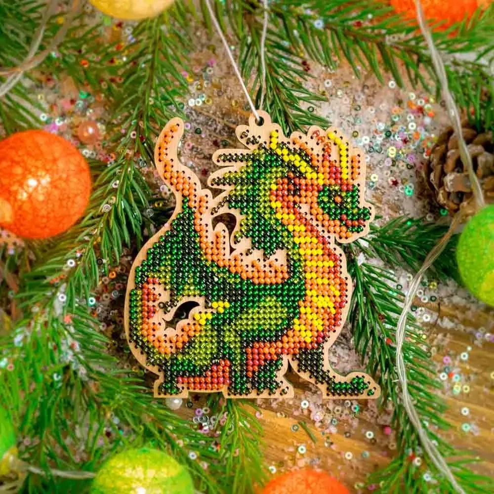 Fire Dragon - Christmas Ornament Wooden Bead Kit, zoomed in. Select this picture to zoom back out.