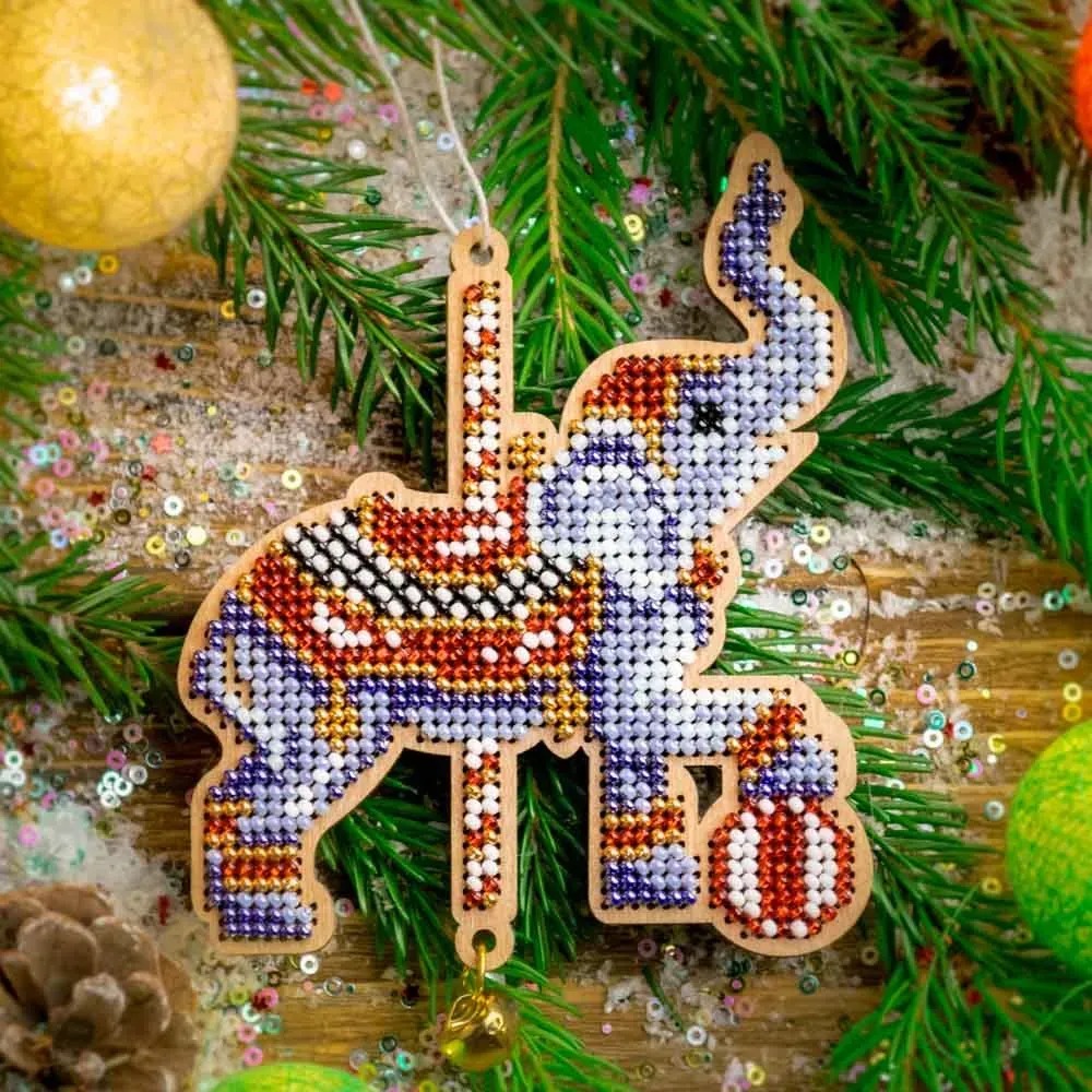 Cheerful Elephant - Christmas Ornament Wooden Bead Kit, zoomed in. Select this picture to zoom back out.