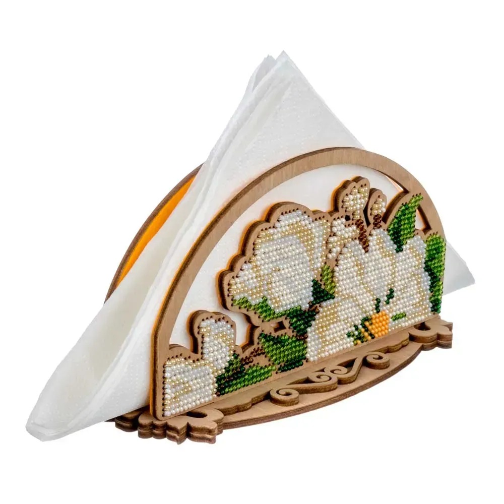 Napkin Holder - White Blossoms - Wooden Bead Kit, different perspective #1, zoomed in. Select this picture to zoom back out.
