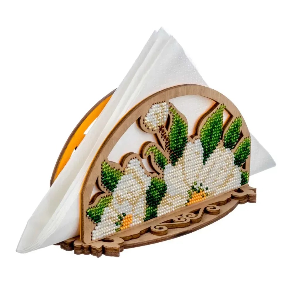 Napkin Holder - White Blossoms - Wooden Bead Kit, different perspective #2, zoomed in. Select this picture to zoom back out.