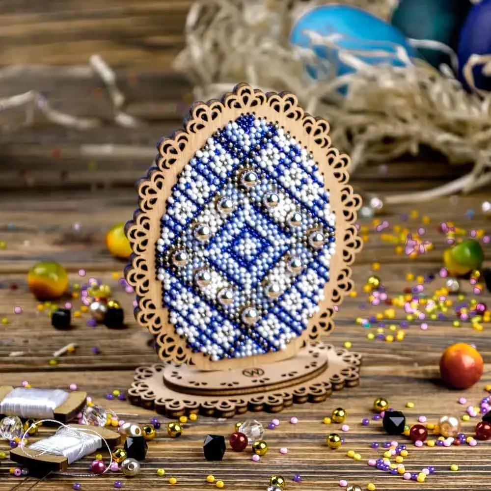 Easter Egg Blue Pattern - Ornament Wooden Bead Kit, zoomed in. Select this picture to zoom back out.