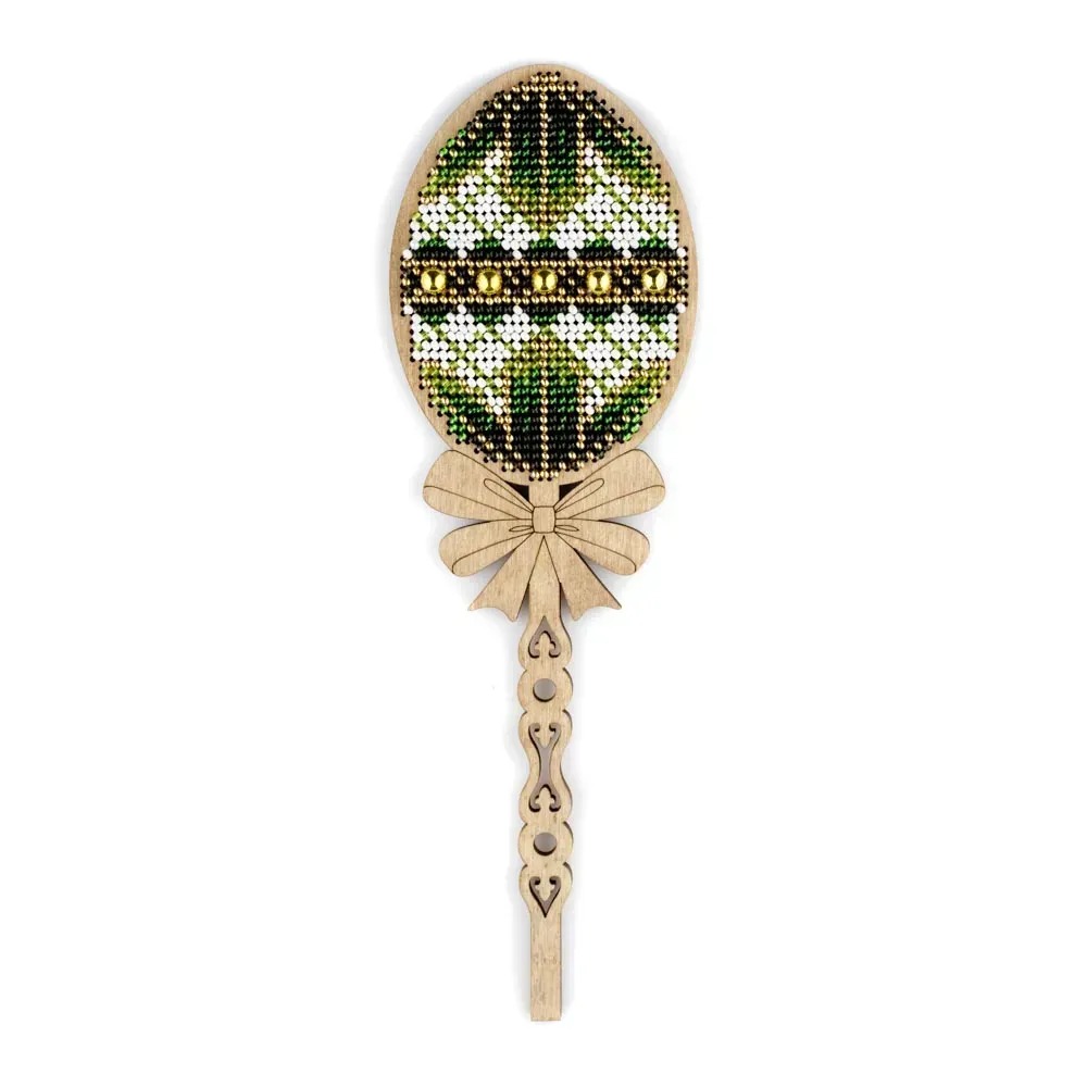 White and Green Easter Egg - Ornament Wooden Bead Kit, different perspective #1, zoomed in. Select this picture to zoom back out.