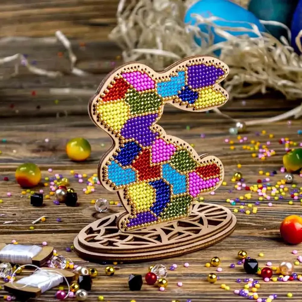 Stained Glass Bunny - Easter Ornament Wooden Bead Kit, zoomed in. Select this picture to zoom back out.