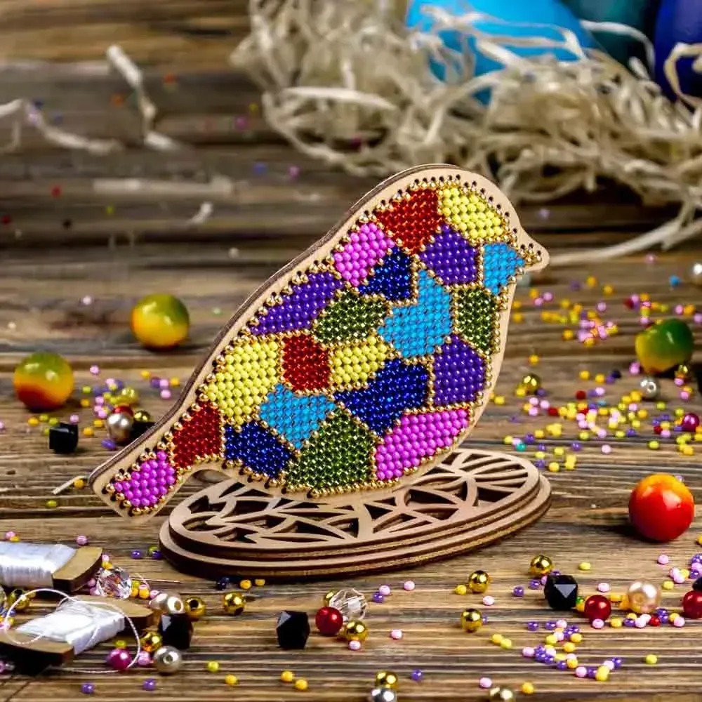 Stained Glass Bird - Easter Ornament Wooden Bead Kit, zoomed in. Select this picture to zoom back out.