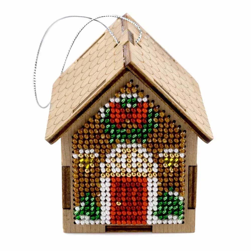 Festive House - Christmas Ornament Wooden Bead Kit, different perspective #2, zoomed in. Select this picture to zoom back out.