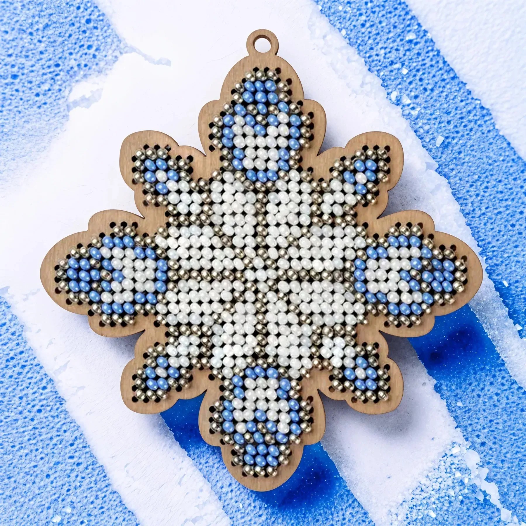 Stained Glass Snowflake - Christmas Ornament Wooden Bead Kit, zoomed in. Select this picture to zoom back out.