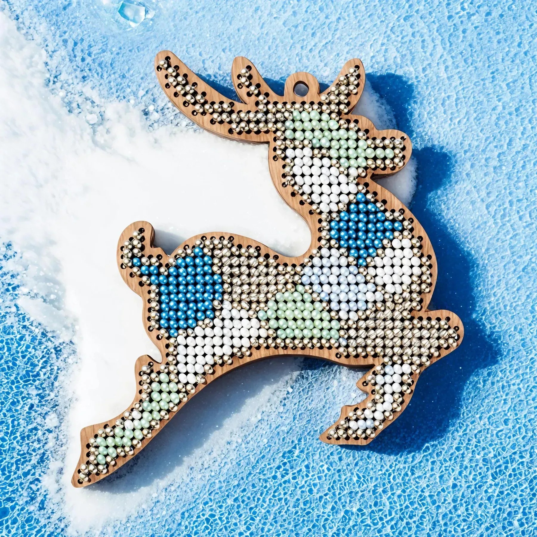Stained Glass Deer - Wooden Ornament Bead Kit, zoomed in. Select this picture to zoom back out.